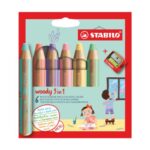 Lot de 6 crayons multi-talents STABILO Woody 3 in 1 + 1 taille-crayon – coloris pastel