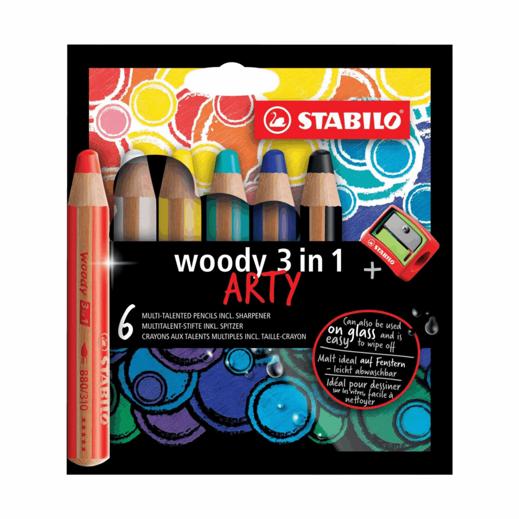 Lot de 6 crayons STABILO Woody ARTY 3 in 1 + taille-crayon adapté